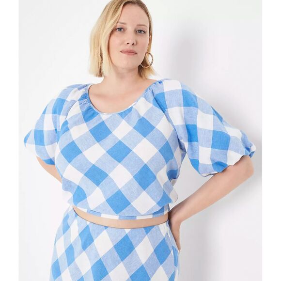 LANE‎ BRYANT Short Blouse 26 Balloon-Sleeve LINEN Blend Check NWT $59 Blue Top - Picture 1 of 10